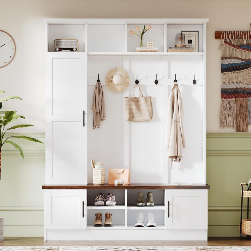 55"W 3-in-1 Hall Tree with 6 Hooks, Storage Bench with Adjustable Shelves (missing parts)