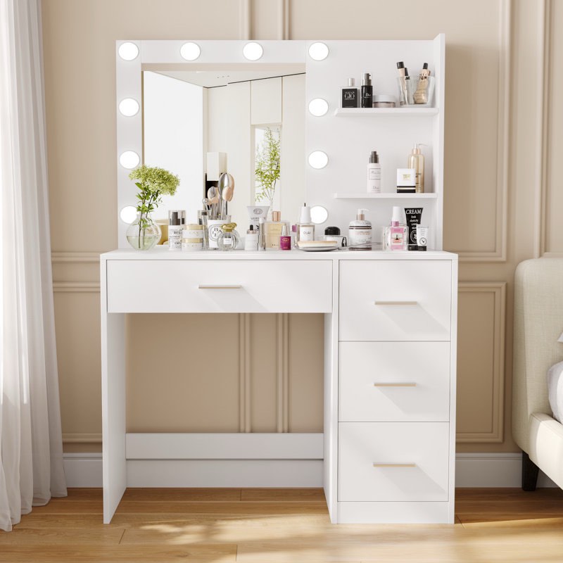 Makeup Vanity Table with Lighted Mirror, Vanity Desk with Storage Shelf and 4 Drawers