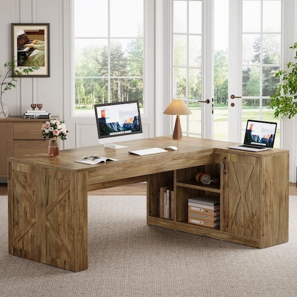 Halseey 71 in. L-Shaped Rustic Brown Wood Executive Desk, Large Computer Desk Office Desk with Storage, Shelves and Door