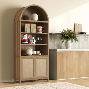 Oversized Boho Farmhouse Floor Storage Organizer with 2 Rattan Doors & Adjustable Shelf for Kitchen, Dining Room ,Reclaimed Caramel Oak