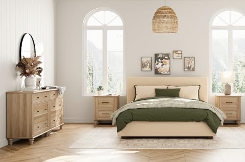 WAMPAT 4 Piece Bedroom Set, Set of 2 Wooden Dressers with 3 Drawers, Set of 2 Rattan Bedside Table Side Tables with Charging Station, 4 Piece Dresser and Nightstand Sets (Dresser and nightstand only)