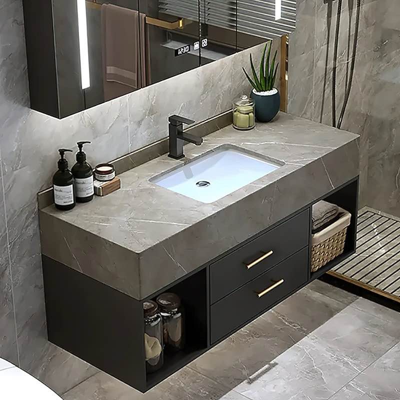 Guiles Modern 39.4" Floating Bathroom Vanity with Burnished Stone Top and Gold Handles, Wall Mounted Sink Cabinet (Does not come with sink and Missing hardware