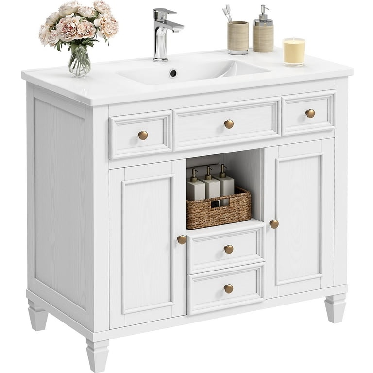 ANCTOR 36 inch Bathroom Vanity with Ceramic Sink, White Vanity for Bathroom with Top Solid Wood Legs 4 Drawers Adjustable Shelves(Does not come with sink)