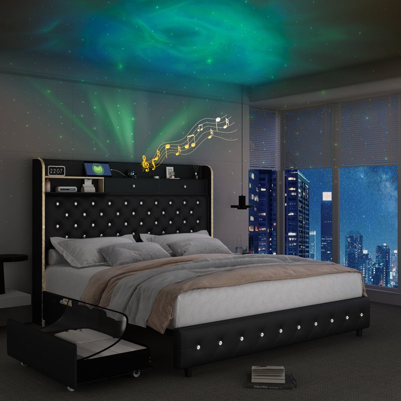 LED Bed Frame with Galaxy Projector, Charging Station, 52" Tufted Upholstered Headboard & 2 Drawers Queen