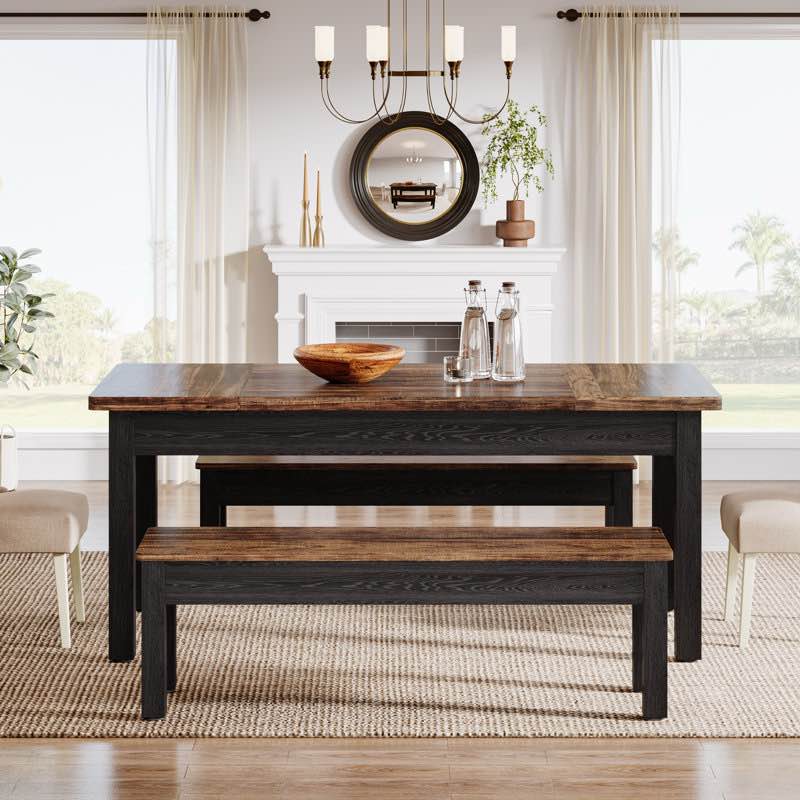 3 piece farmhouse wood dining table set with 2 benches