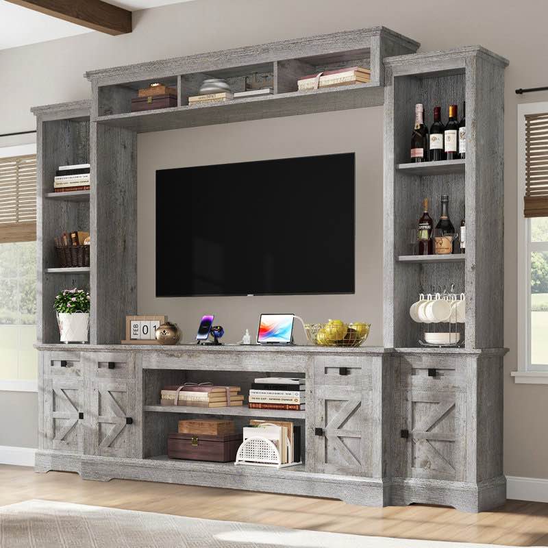 donyell farmhouse 98"w wall unit entertainment center for tvs up to 70",gray (incomplete box 2/2 missing box 1/2)