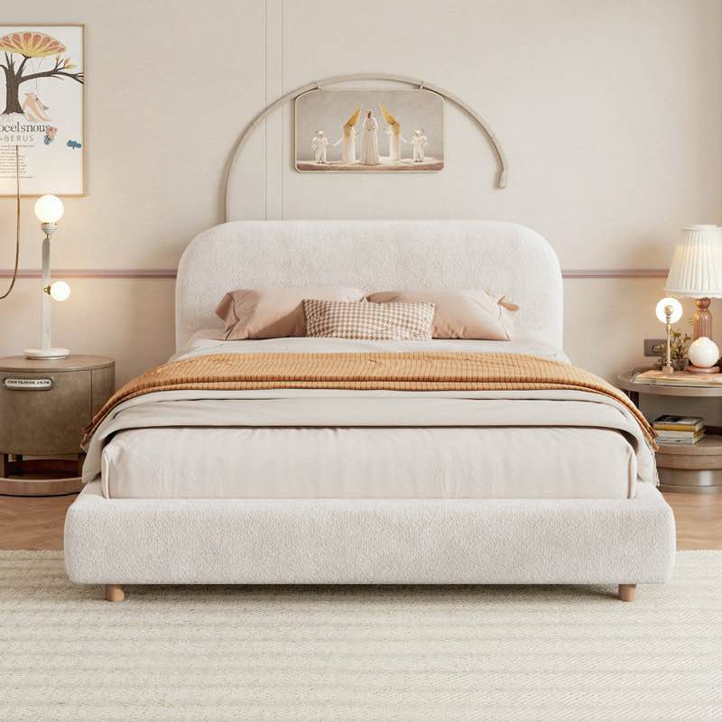 queen size curve-shaped headboard boucle fabric upholstered bed frame, with metal frame no spring box needing bed (headboard only box 1/2 missing box 2/2)