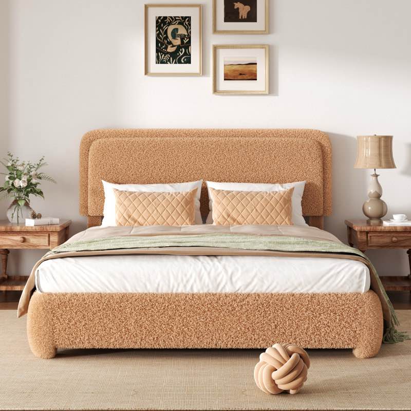 boucle upholstered platform bed frame with adjustable headboard & soft rounded corners king ( incomplete box 2/2 footboard only)