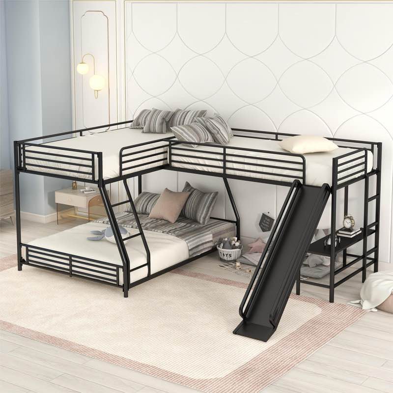 L-Shaped Twin Over Full Bunk Bed with Twin Loft, Built-in Desk, Slide & Guardrails, Space-Saving Metal Frame, Black (Incomplete box 2 missing box 1)