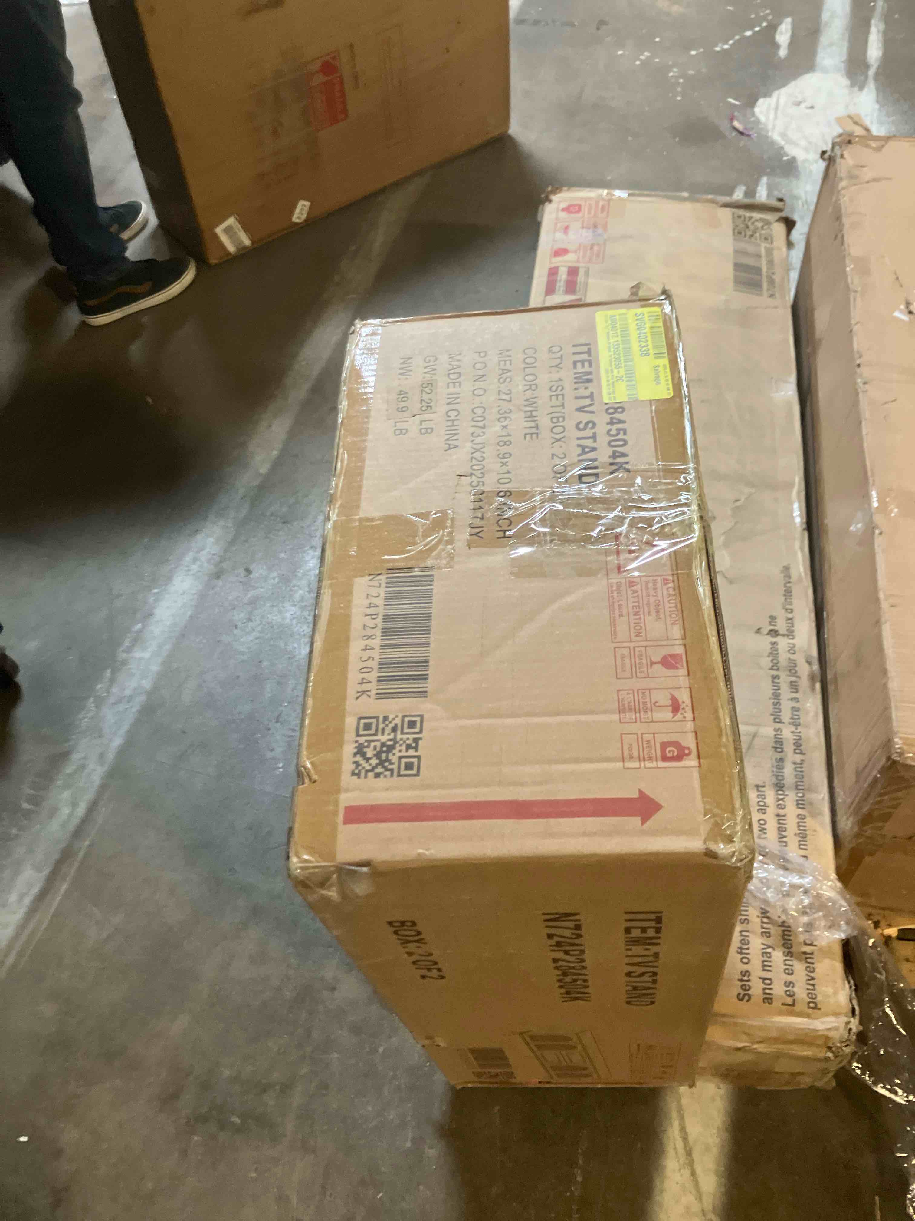 Condition photo showing As Is for Modern TV Stand, TV Cabinet with 5 Metal Legs, Metal Handles, 2 Drawers, 2 Cabinets with Fluted Glass (Incomplete box 2/2 missing box 1/2)