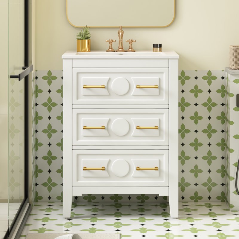 24"W Freestanding Single Vanity with Ceramic Sink Top and Drawers