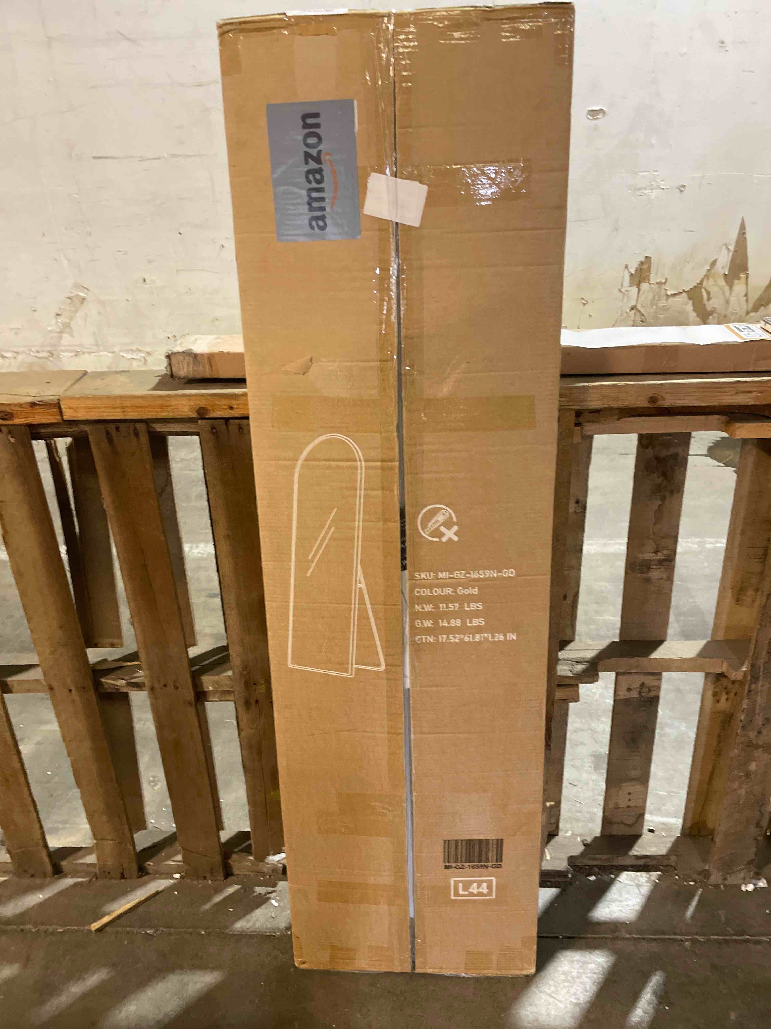 Condition photo showing New/Like New for 16 in. W x 59 in. H Aluminum Alloy Frame Gold Arched Floor Mirror, Floor Stand and Wall Mounted Hooks