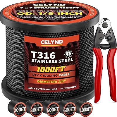 stainless steel cable for railing - 1000ft 1/8" t316 wire rope for deck cable railing system kit  