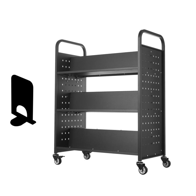 vevor rolling library book cart, 330 lbs capacity, 38.2 x 20.3 x 48.2-inch library cart, double sided w-shaped shelves with 3in lockable wheels,black