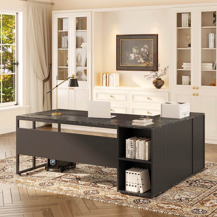 large l-shaped desk, 71 inch executive desk with shelves & cabinet (incomplete box a missing box b)