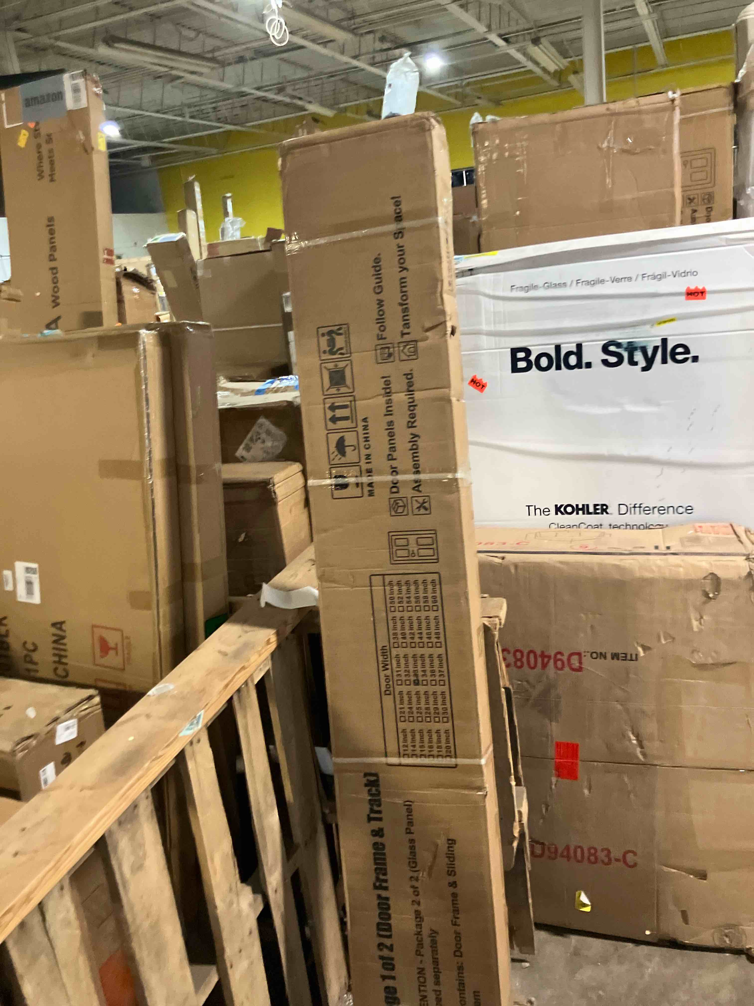 Condition photo showing As Is for Sliding Closet Door for 64" x 80" Opening, 3-Lite Frosted Glass MDF Barn Door with Hardware Kit Set, Door Panels Need to Assemble, White (Missing glass panels box 1/2 missing box 2/2)