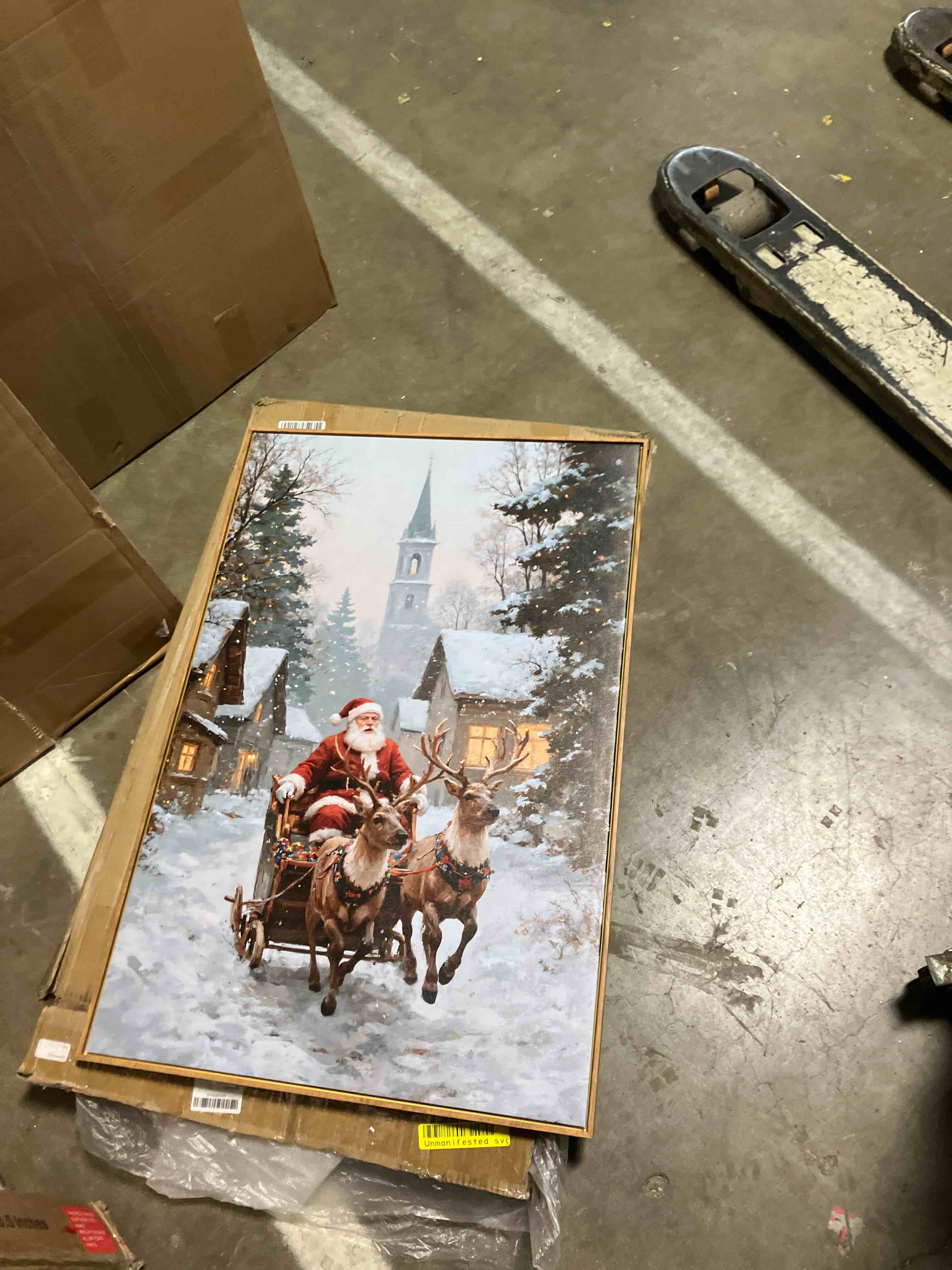 Condition photo showing New/Like New for HPINUB Christmas Santa Reindeer Framed Canvas Wall Art Set Sleigh Deer Winter Snow Forest Tree Wall Decor Wonderland Art Print for Living Room,Bedroom,Party-24 x36 x3