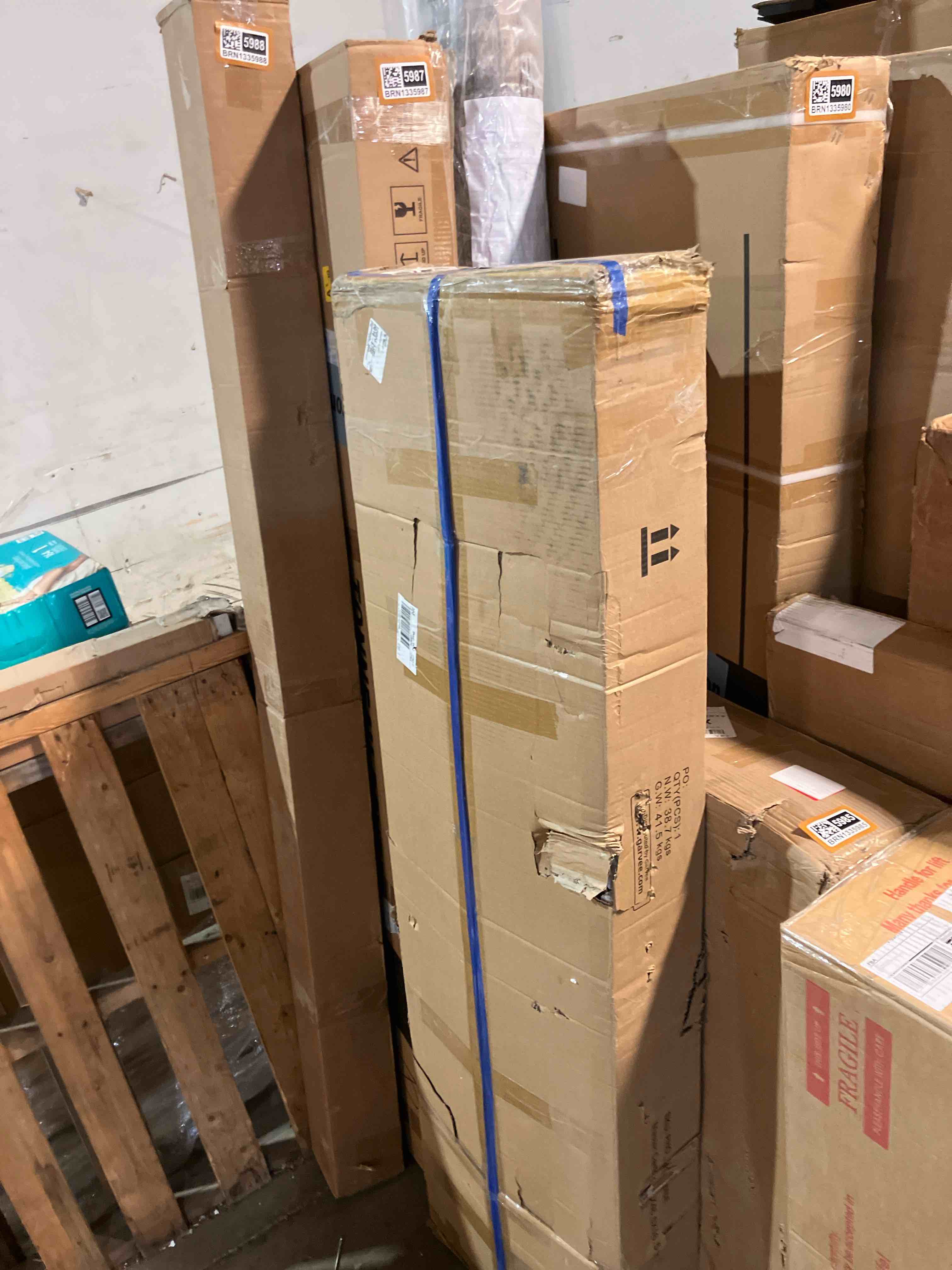 Condition photo showing New/Like New for Garvee 65 in TV Stand Console Table with Sliding Barn Doors Adjustable Shelf