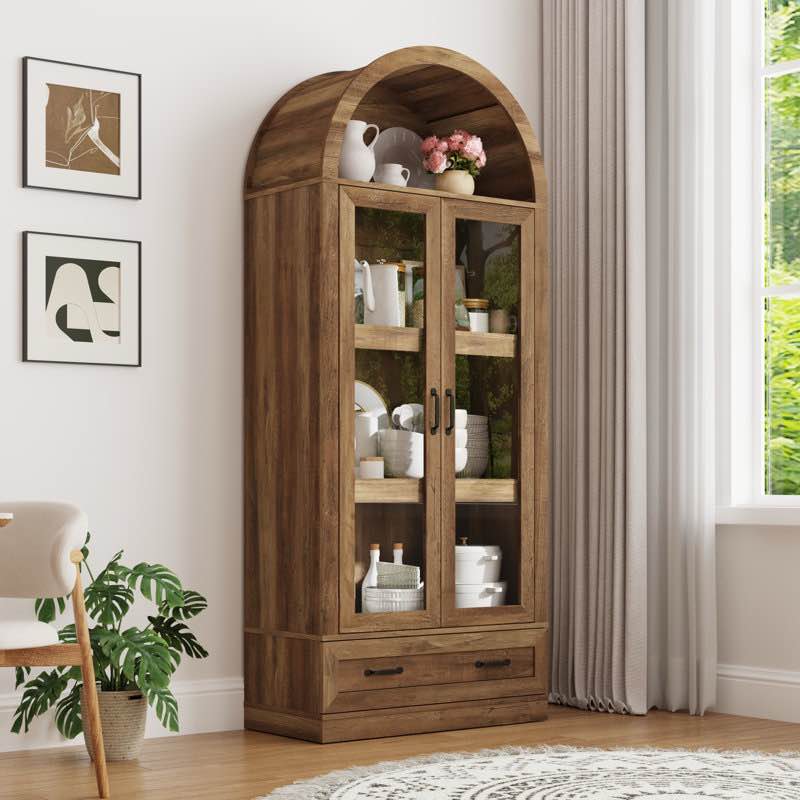 Condition photo showing New/Like New for 75"H Arched Kitchen Pantry Storage Cabinet With Drawer And Glass Doors, Farmhouse Kitchens Storage Cabinet With Load-Bearing Steel Pipe, Tall Arched Bookcase, Pantry Organizer For Living Room