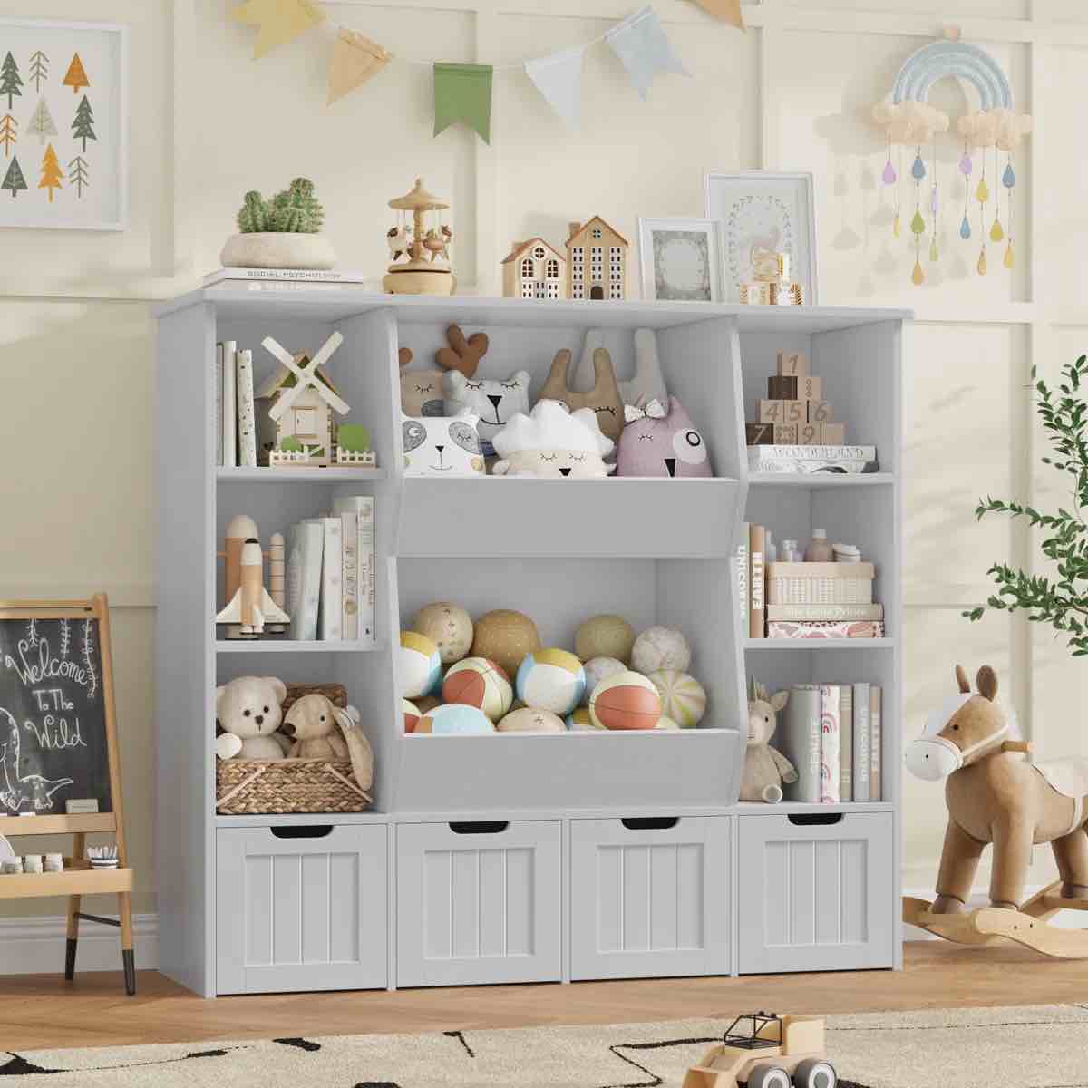 Condition photo showing New/Like New for 49'' H X 46.5'' W Furniture Cube Bookcase, With 4 Removable Drawers, Wood Storage Standard Bookshelves