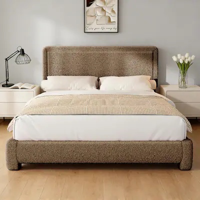 Queen Size Upholstered Bed Frame with Adjustable Headboard, Soft Rounded Corners, No Box Spring Required, Easy Assembly - Coffee