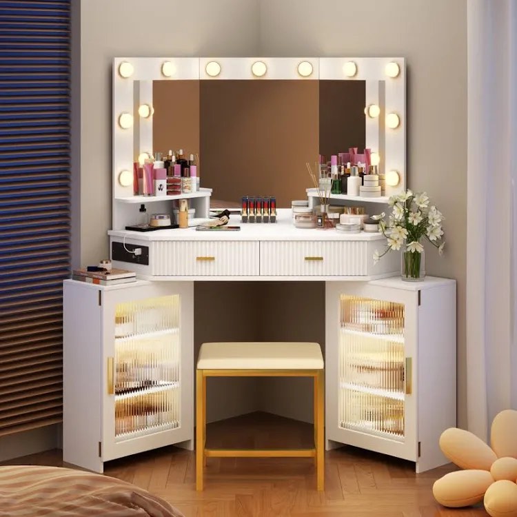 Modern Corner Makeup Vanity Set with Mirror and Cabinets
