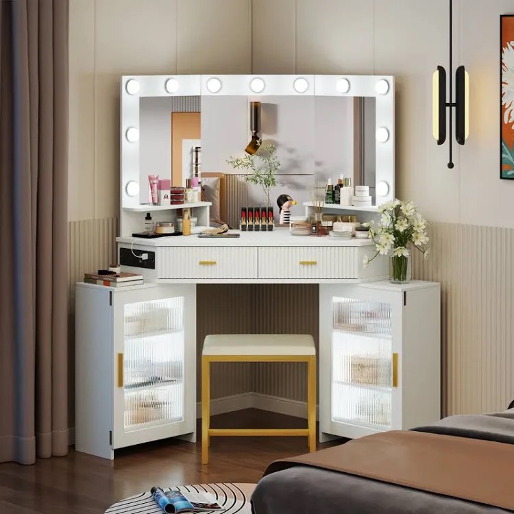 Condition photo showing New/Like New for Modern Corner Makeup Vanity Set with Mirror and Cabinets
