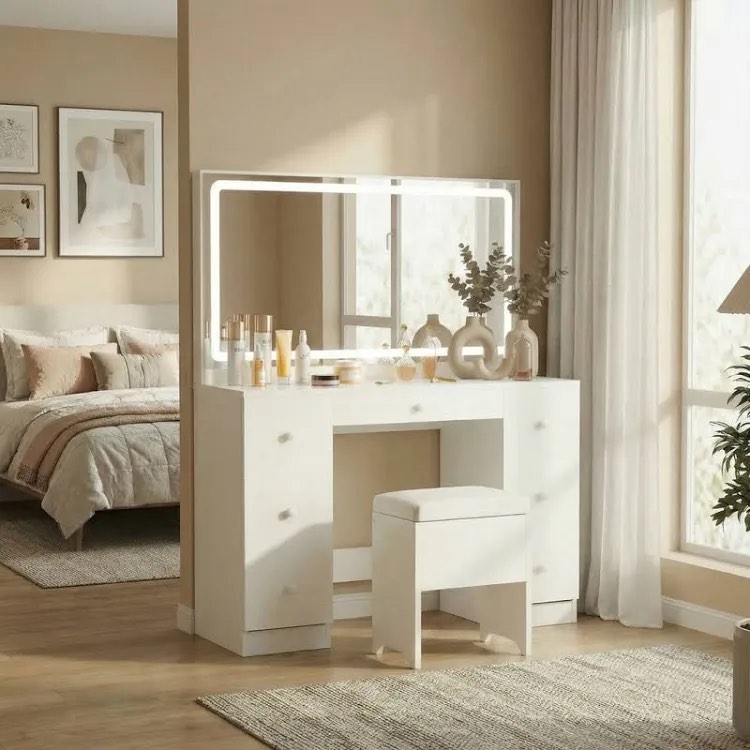 Makeup Vanity Desk with LED Lighted Mirror, Power Outlet, 7 Drawers, and Makeup