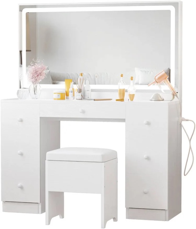 Condition photo showing New/Like New for Makeup Vanity Desk with LED Lighted Mirror, Power Outlet, 7 Drawers, and Makeup