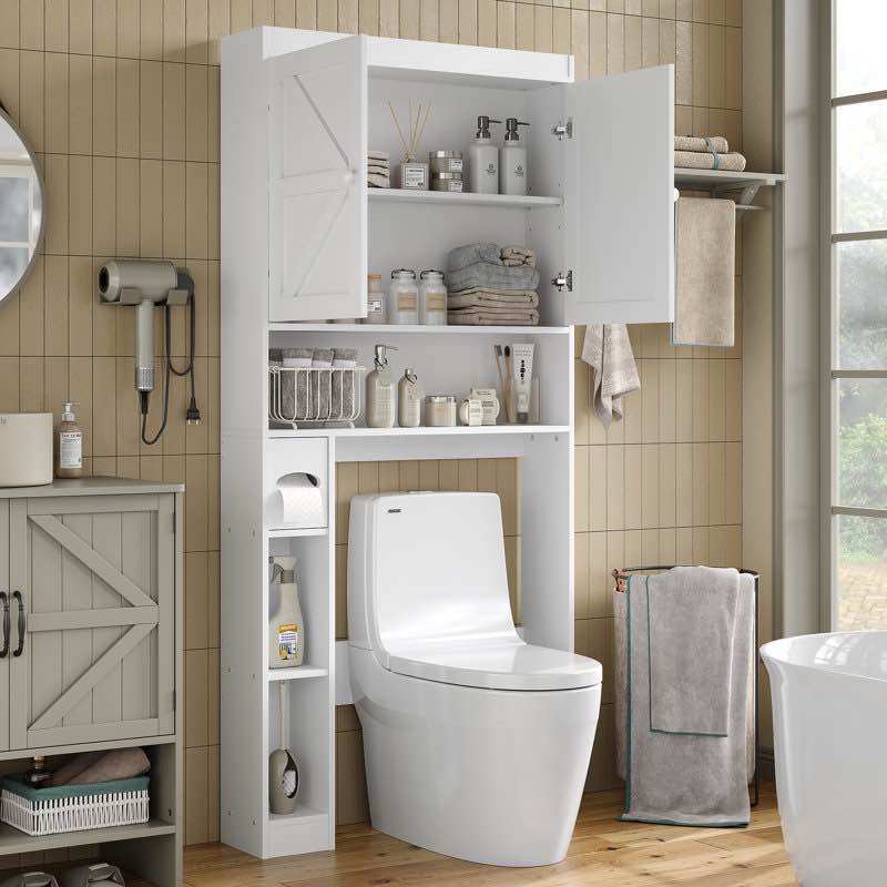 Condition photo showing New/Like New for Laxmy Freestanding Over The Toilet Storage,Bathroom Storage Cabinet,Farmhouse Bathroom Cabinet with Barn Door and Adjustable Shelves
