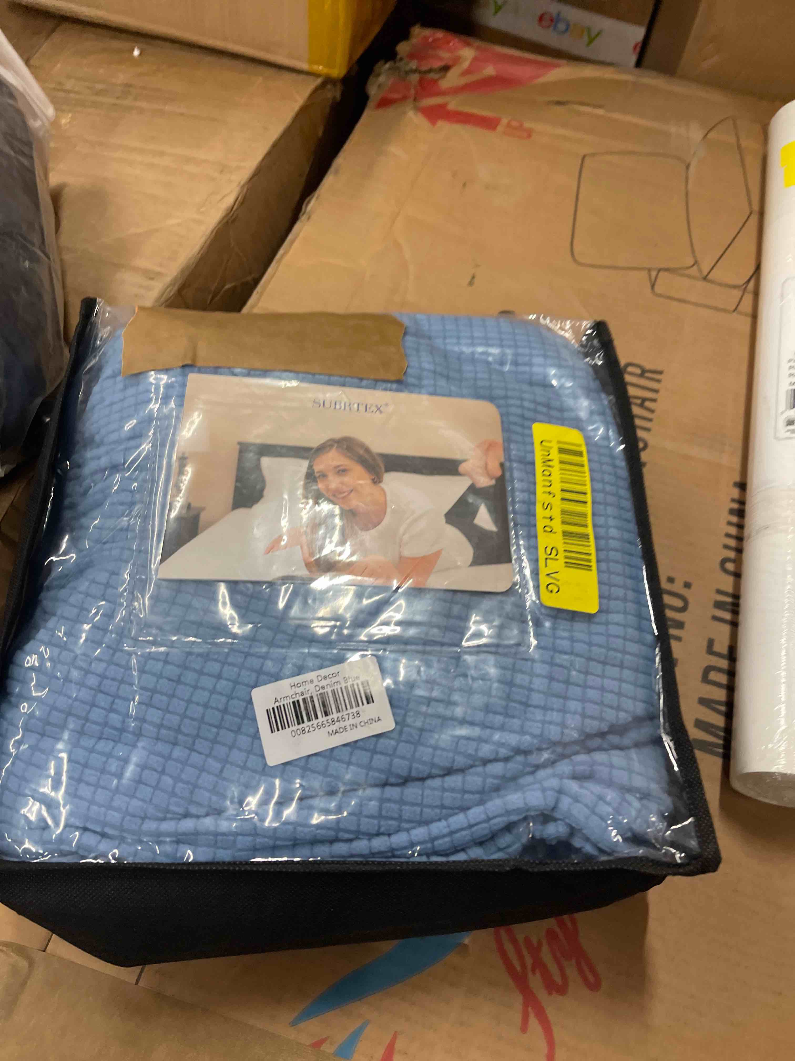 Condition photo showing New/Like New for Textured Grid Stretch Sofa Cover Couch Slipcover with Separate Cushion Cover (Denim Blue, Armchair)