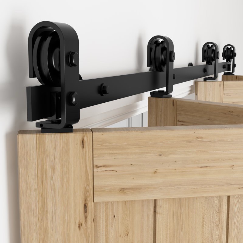 bi-folding sliding barn door hardware kit for 4 doors, carbon steel black bifold barn door kit with j shape rollers for closet(doors not included)