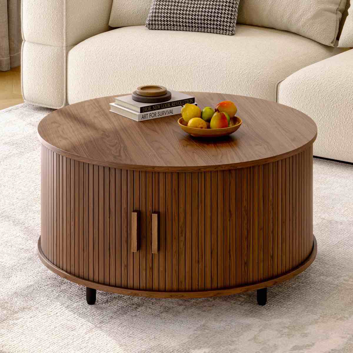 31.5" modern round coffee table with 360° curved sliding door