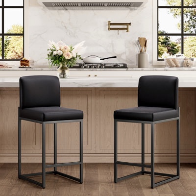 24" modern upholstered kitchen counter stool with black metal sled base & black faux leather (set of 2)