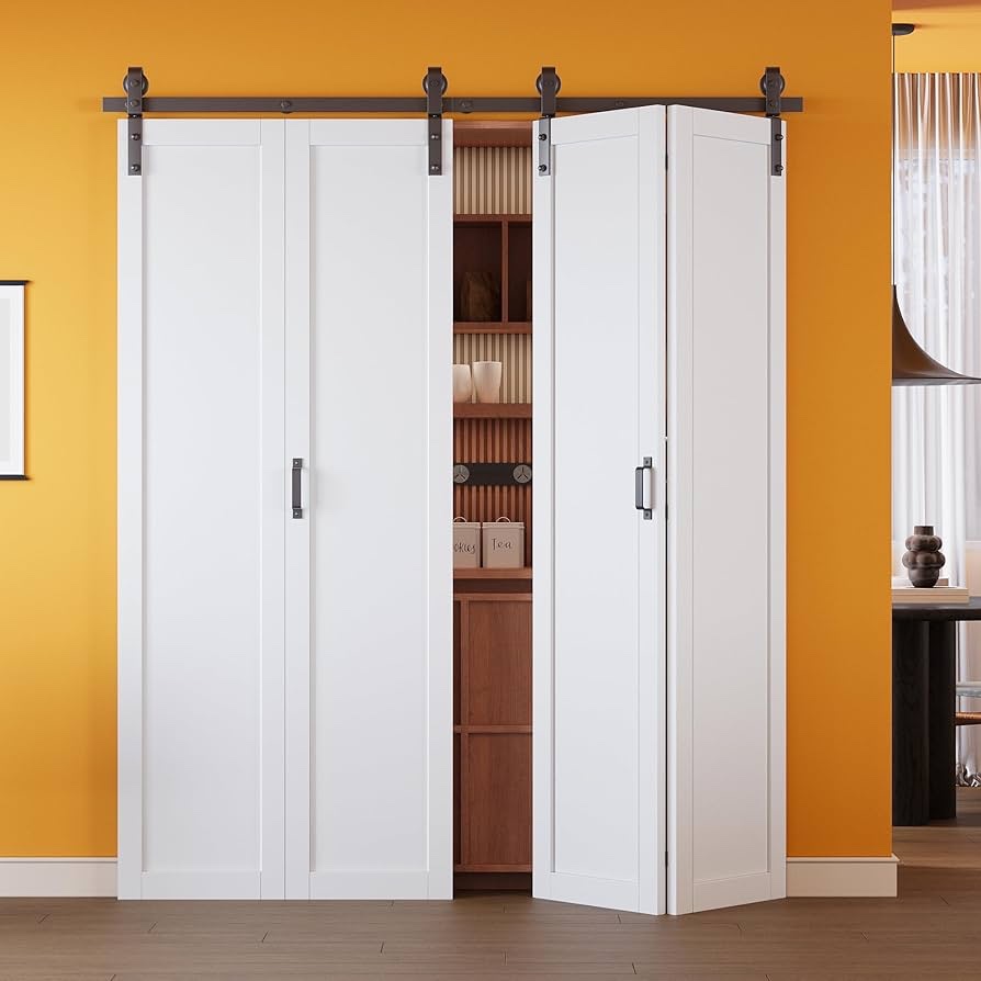 bifold barn door 50in (12.5x4) x 84in with hardware kit -preassembled solid core mdf panels closet pantry storage door interior sliding folding door, water resistant primed white finished