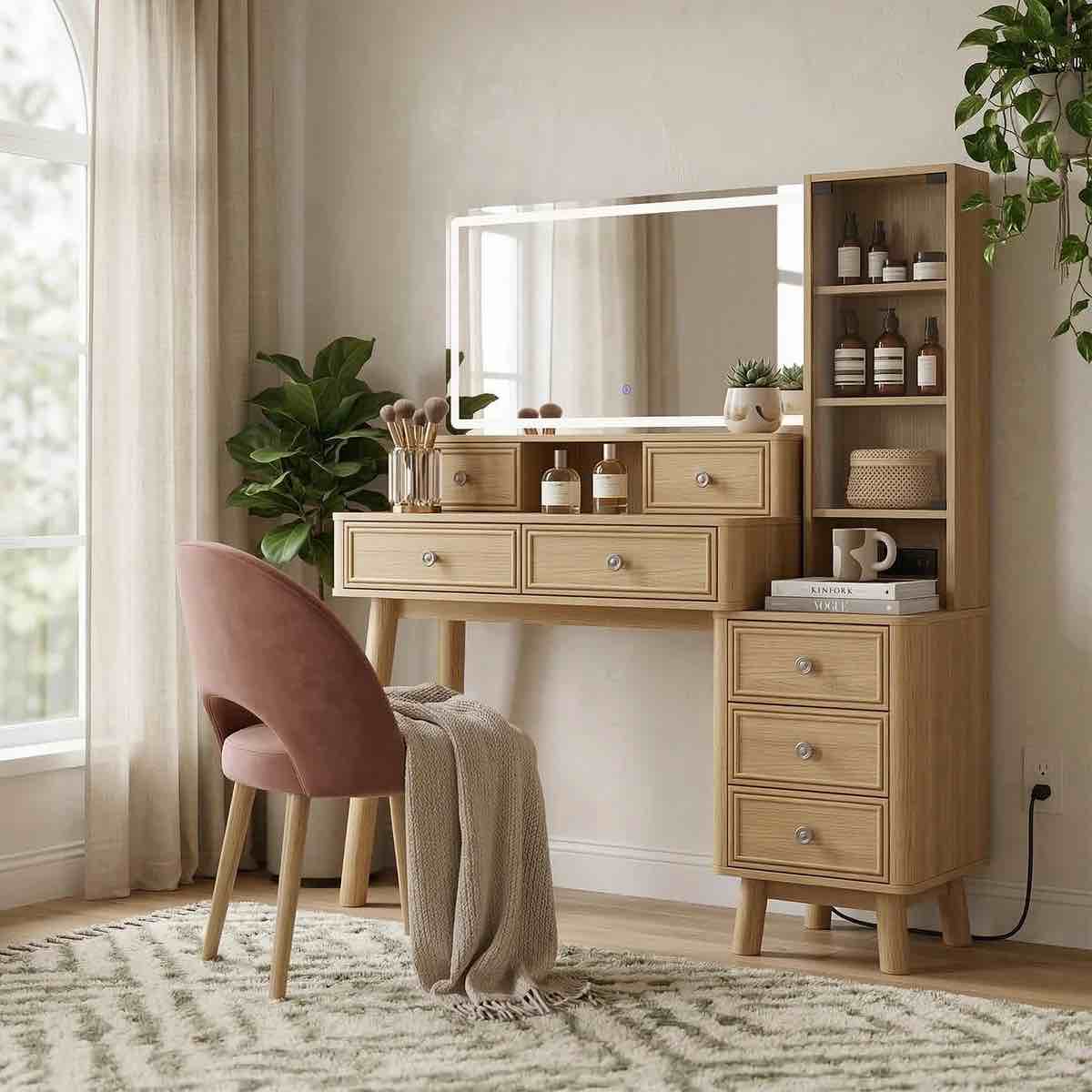 48'' makeup vanity set with 36'' large mirror & led lights, retro vanity desk with 7 drawers & 3 shelves, vanity table with charging station for bedroom