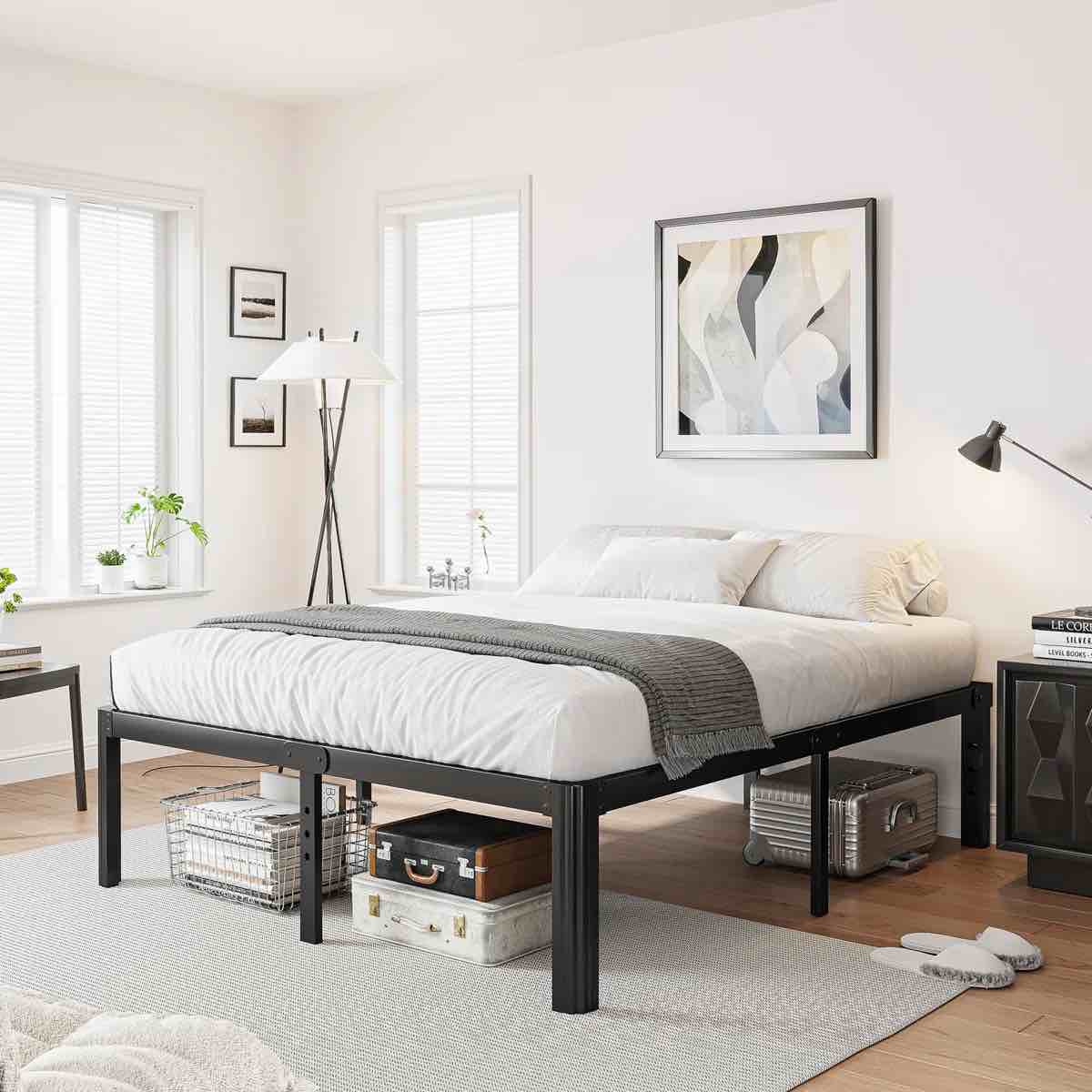 roseann 18'' heavy duty steel platform bed frame with round corners, no box spring needed, noise free-queen
