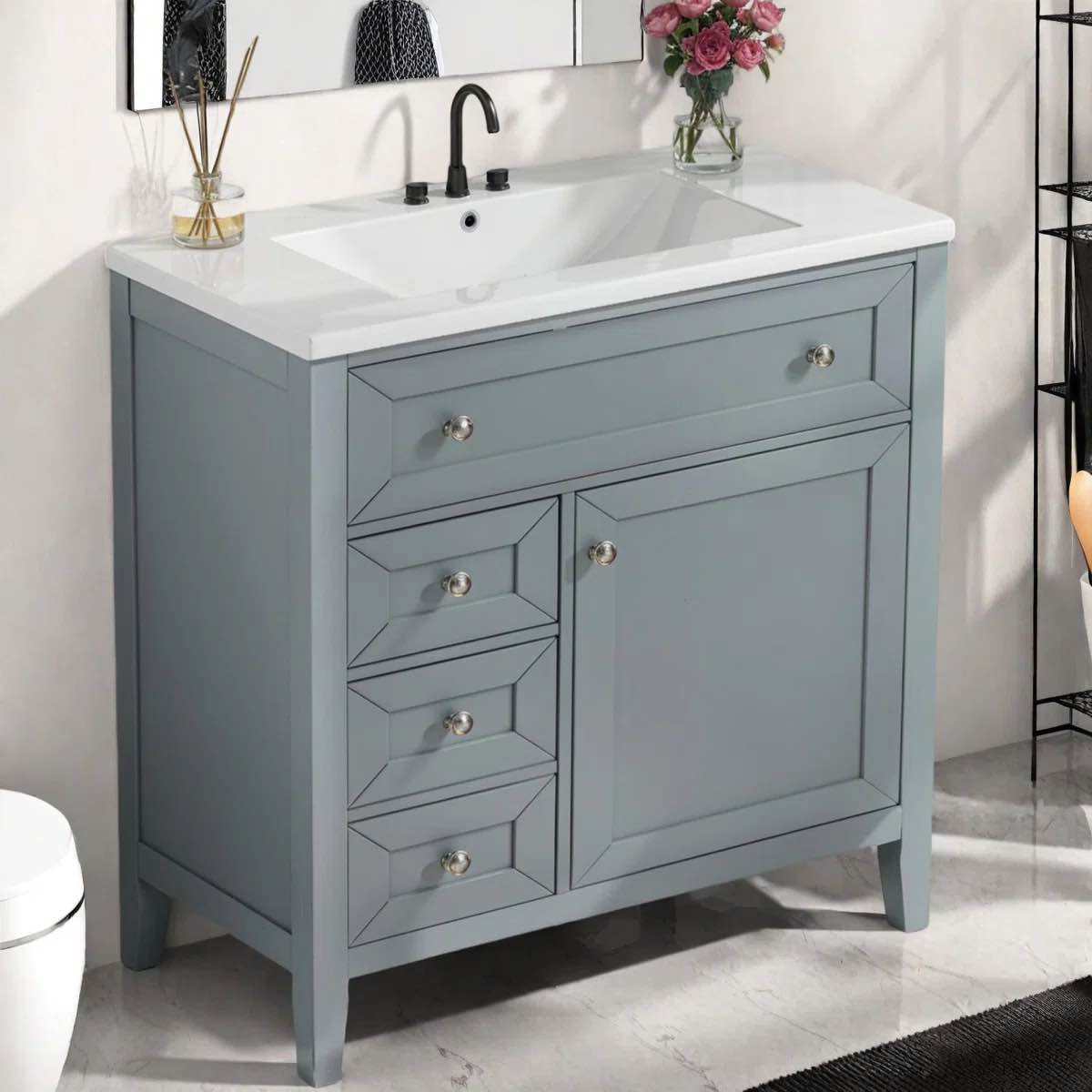 Solid Wood Bathroom Vanity Base, Multiple Storage Options
