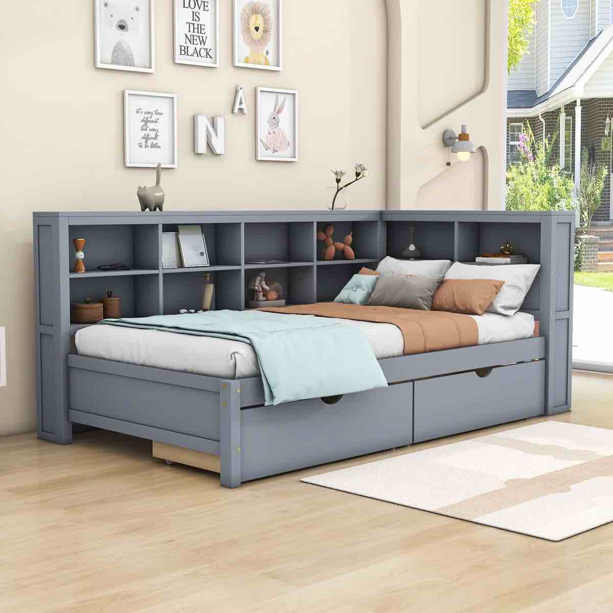 Wood DayBed with USB Charging Ports, Drawers and Storage Shelves