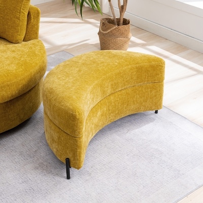 Condition photo showing New/Like New for modern mustard crescent storage ottoman. 