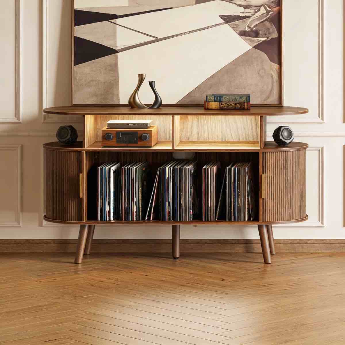 Large Record Player Stand With Power Outlets And 3-Color Lights,Vinyl Record Stand With 2 Fluted Cabinets And USB-C Port