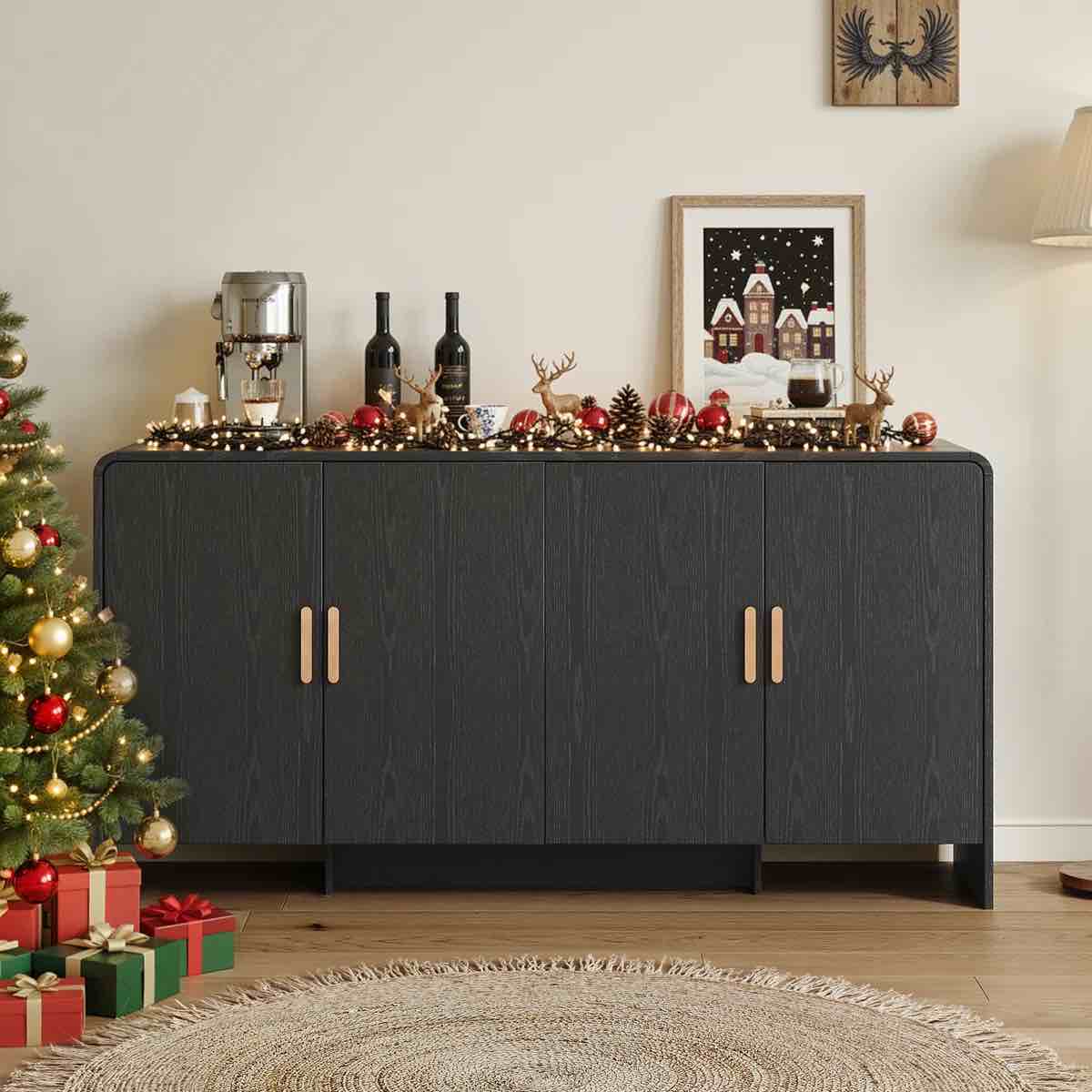 60 Inch Sideboard Curved Cabinet With 4 Doors, Black