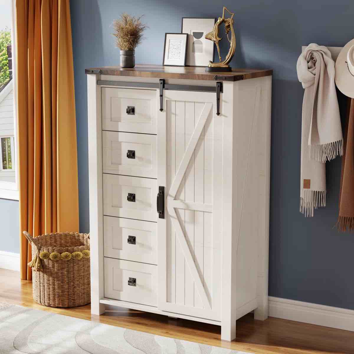 Farmhouse 5 Drawers Dresser Wood Rustic with Sliding Barn Door & Shelf