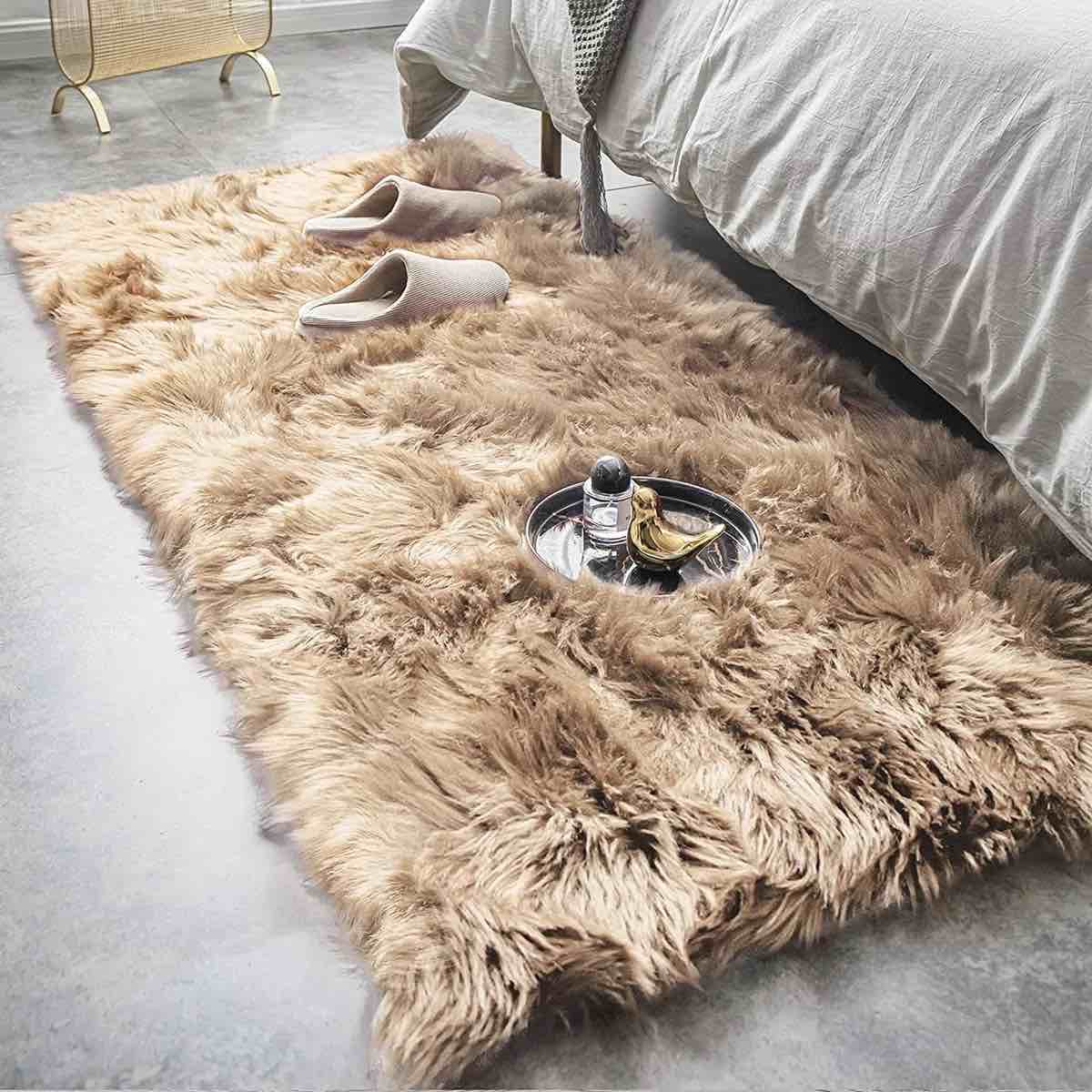 malaiah shag faux sheepskin fur area rug in beige