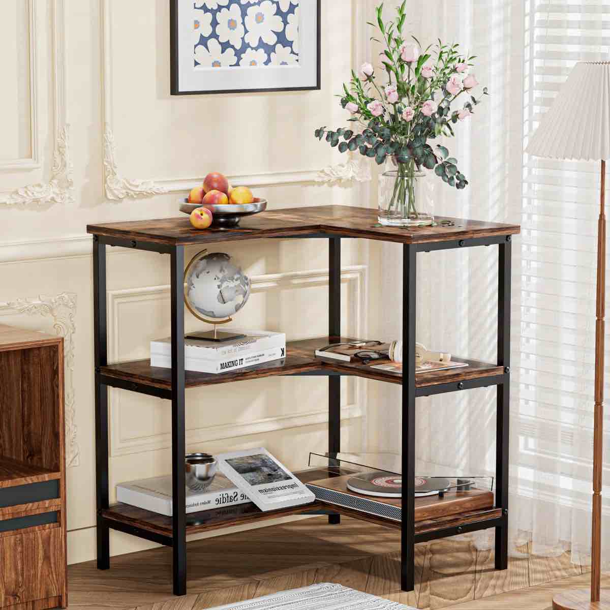 3-tier corner bookshelf l-shaped bookcase storage display rack metal frame for living room office