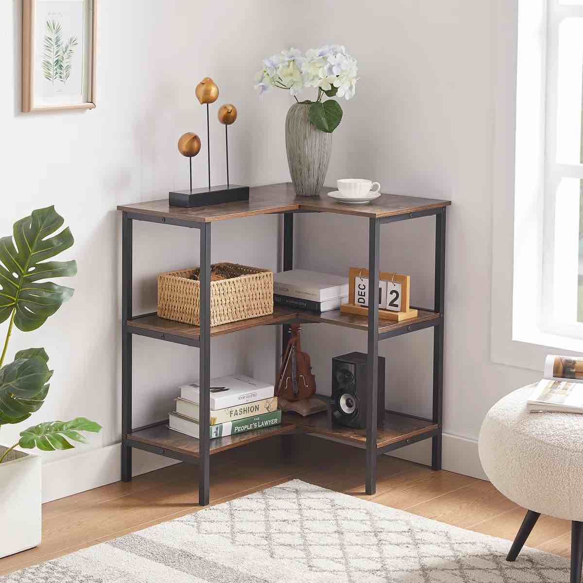 Condition photo showing New/Like New for 3-tier corner bookshelf l-shaped bookcase storage display rack metal frame for living room office