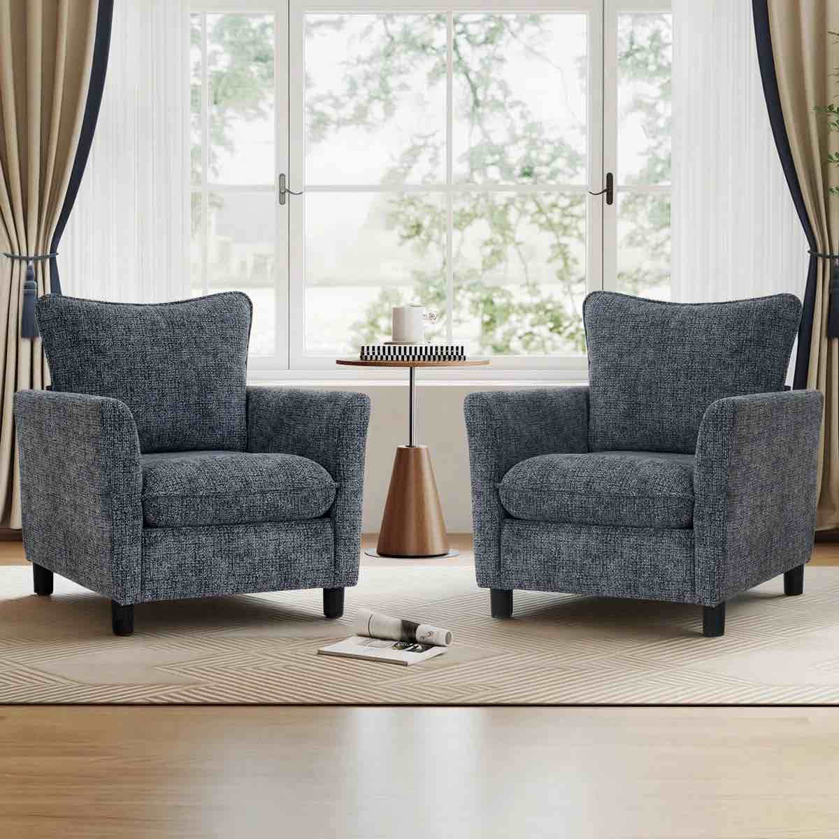 Condition photo showing New/Like New for modern chenille upholstered accent chair, 29" wide armchair with removable cushion cover and high-density foam for living room & bedroom