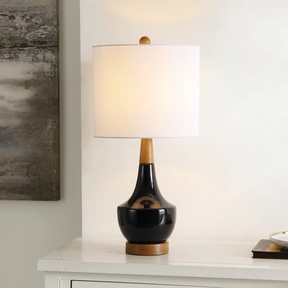 Condition photo showing New/Like New for 26'' modern ceramic and solid wood table lamp with usb ports (black) - mcm modern funky accent table lamps for bedroom bedside/nightstand, living room & desk