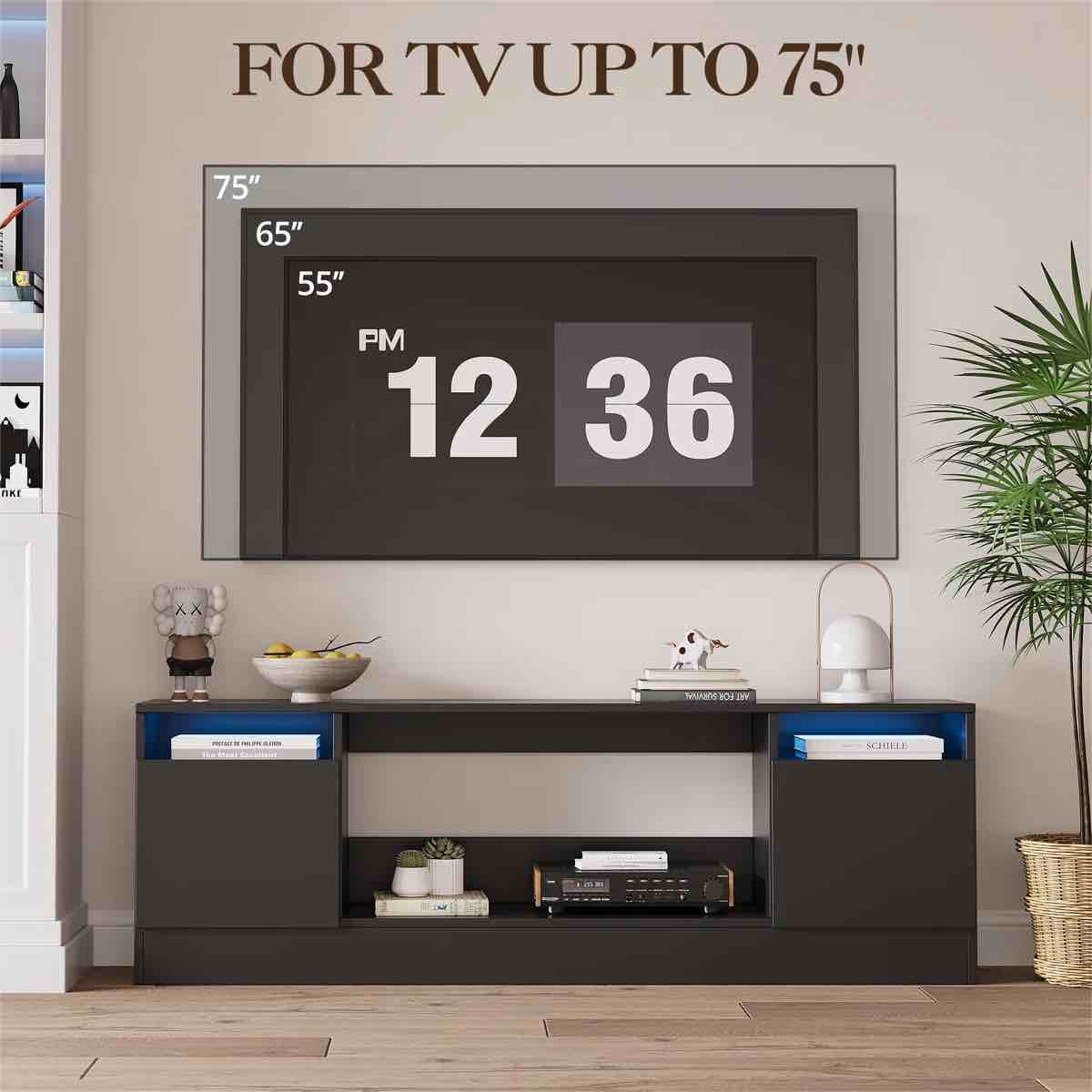 Condition photo showing New/Like New for 70" tv stand with storage cabinets, modern wooden entertainment center, compatible with 36" electric fireplace insert