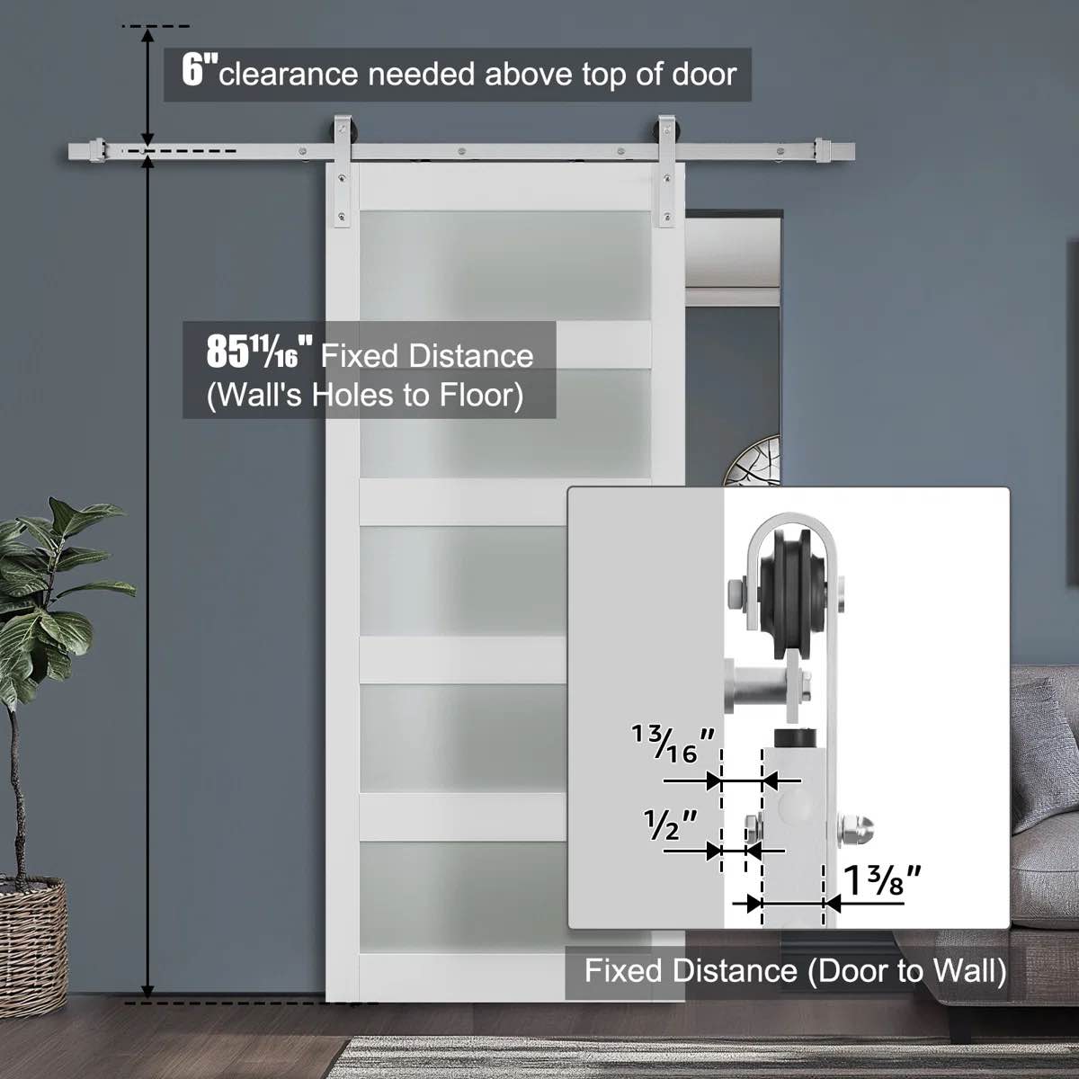 Condition photo showing New/Like New for glass and manufactured solid wood paneled barn door with brushed nickel hardware kit